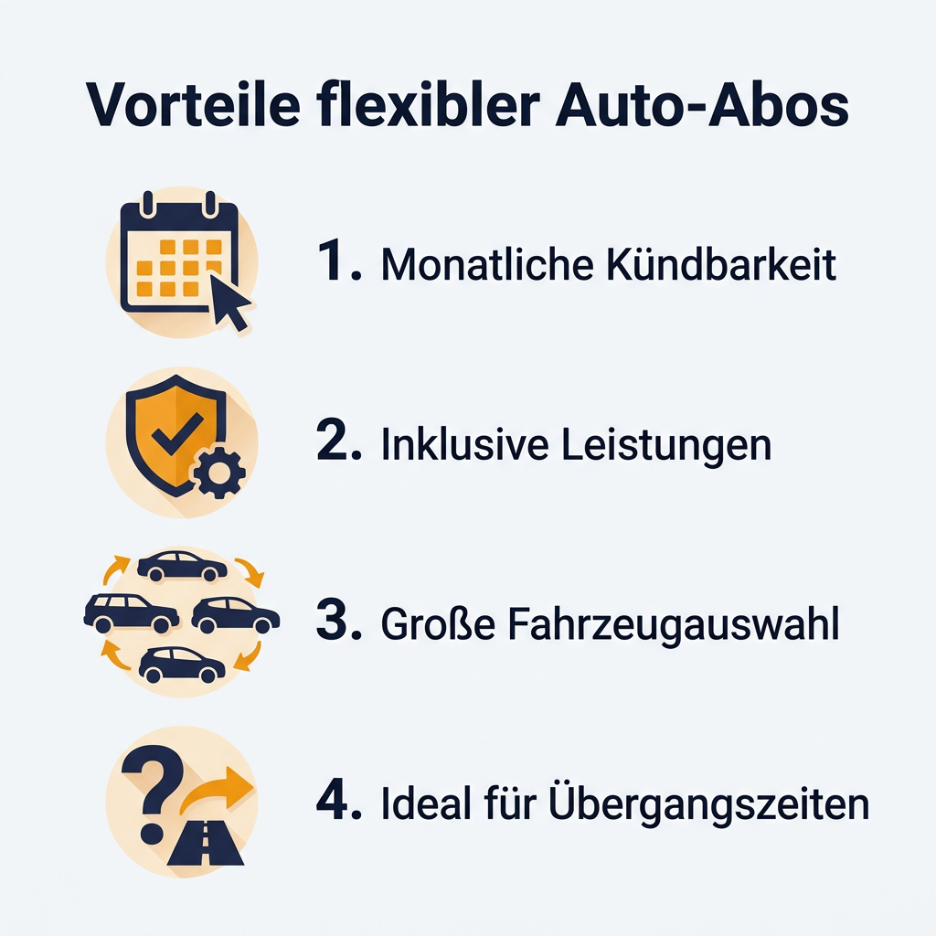 Vorteile eines flexiblen Auto-Abos im Überblick Infografik: Vorteile eines flexiblen Auto-Abos mit monatlicher Kündbarkeit, inklusive Leistungen, großer Fahrzeugauswahl und Eignung für Übergangszeiten.