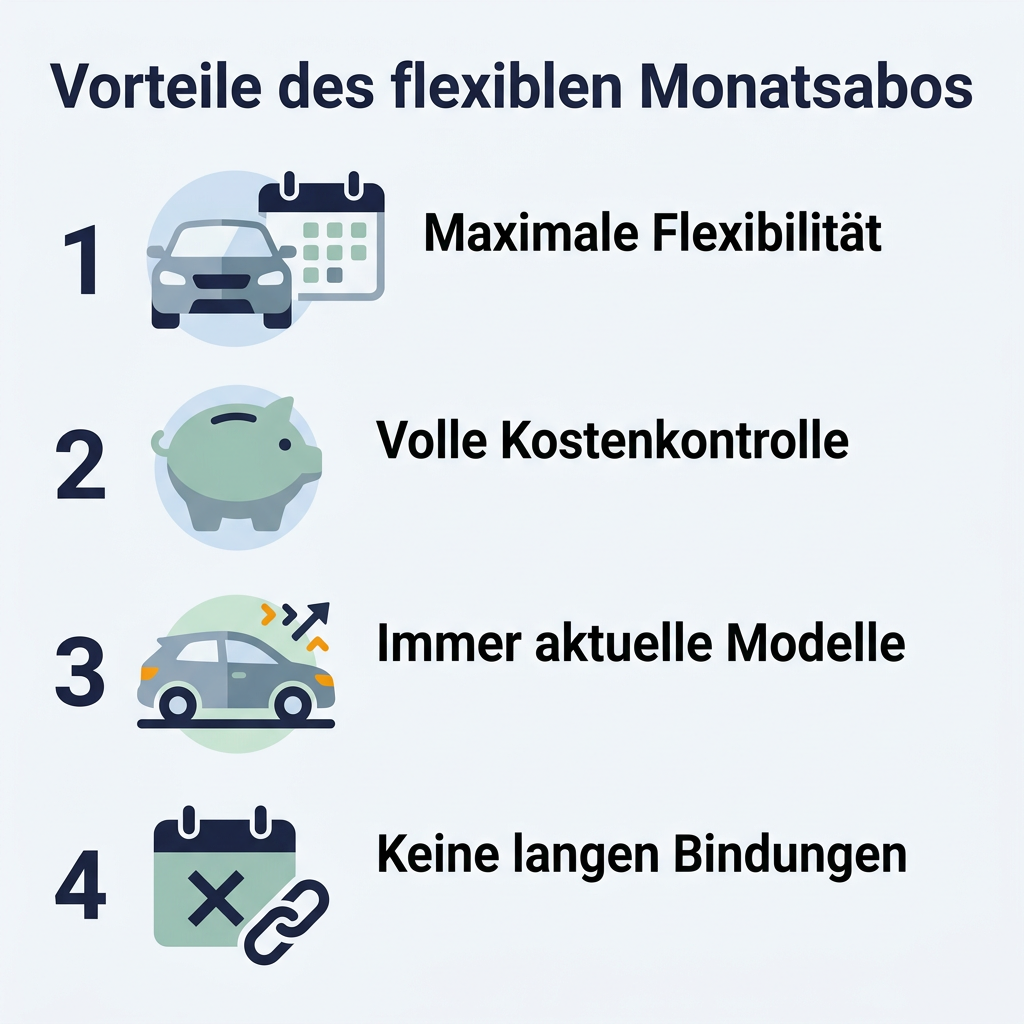 Infografik: Vorteile eines flexiblen Autoabos mit kurzer Laufzeit – maximale Flexibilität, volle Kostenkontrolle, immer aktuelle Modelle, keine langen Bindungen.