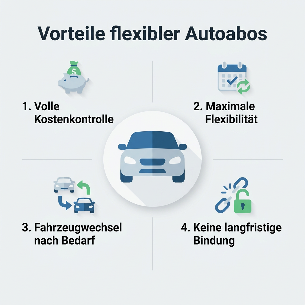 Infografik: Vorteile eines flexiblen Autoabos mit kurzer Laufzeit, u.a. Kostenkontrolle, Flexibilität und einfacher Fahrzeugwechsel