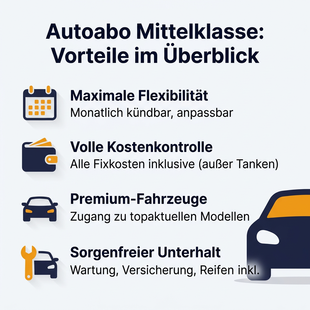 Infografik zu den Vorteilen eines Mittelklasse Autoabos, inklusive Flexibilität und Kostenkontrolle für Premium-Fahrzeuge wie BMW 1er und Mercedes A-Klasse.