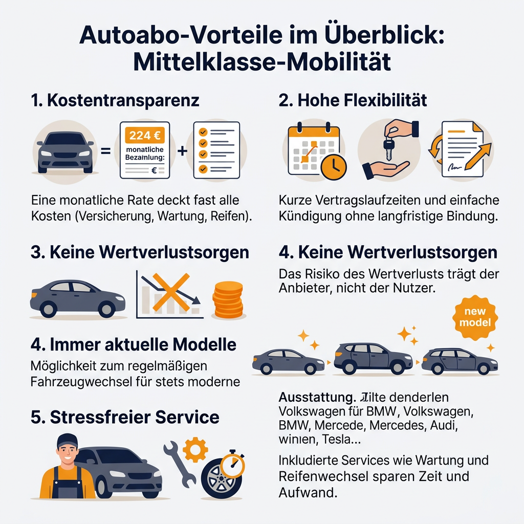 Vorteile eines Autoabos für die Mittelklasse Infografik zu den Vorteilen eines Mittelklasse Autoabos, inklusive Kostentransparenz, Flexibilität, kein Wertverlust und stressfreiem Service. Ideal für Modelle wie BMW 1er oder Mercedes A-Klasse.