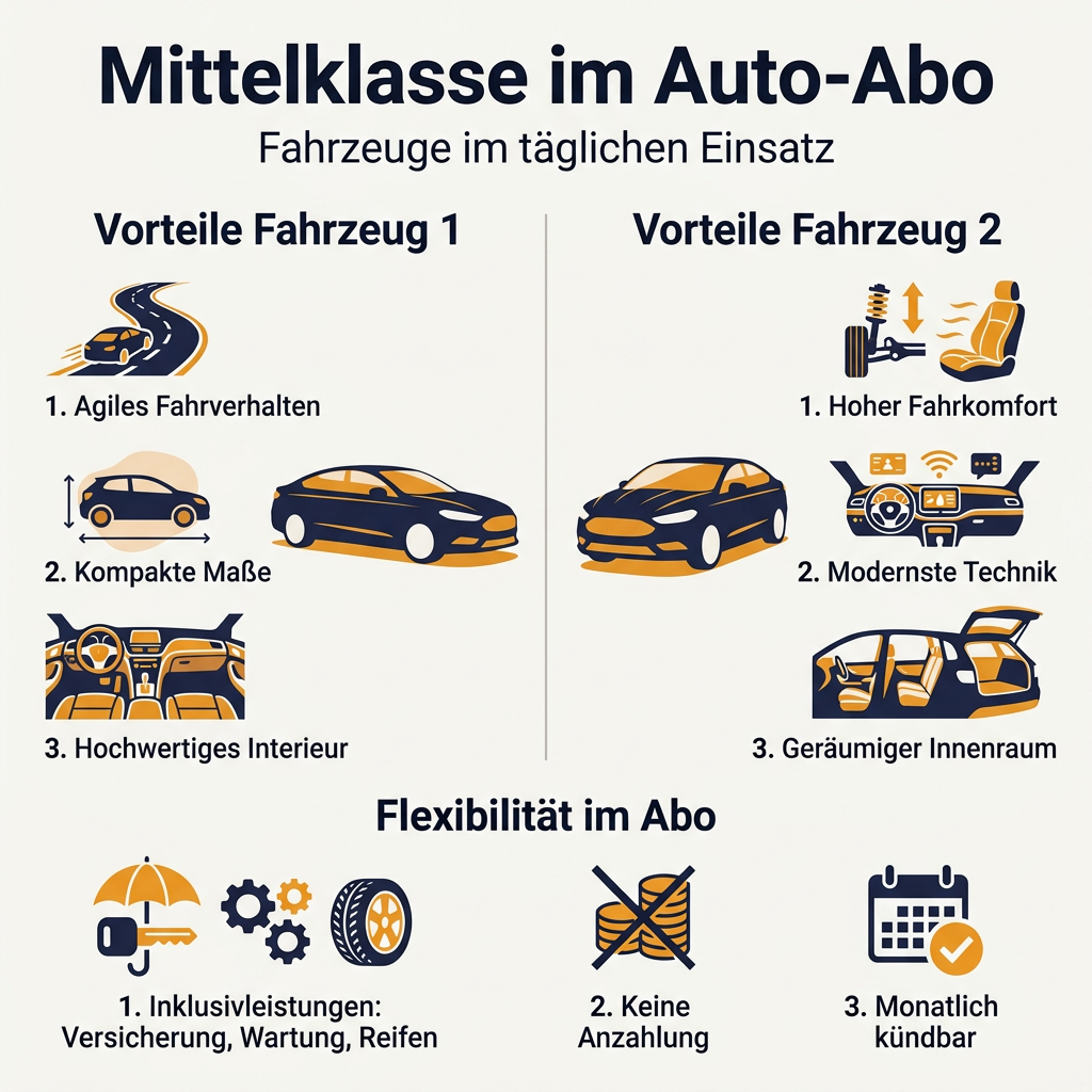 Infografik zum Vergleich von zwei Mittelklasse Fahrzeugen im Auto-Abo, hervorhebend Flexibilität, Kosten und Alltagstauglichkeit.