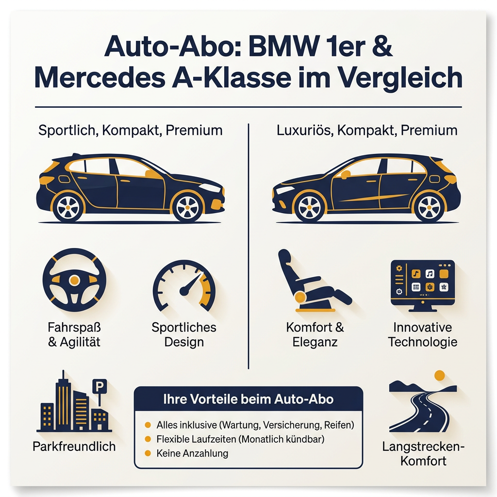 Infografik zum Vergleich von BMW 1er und Mercedes A-Klasse im Autoabo, mit Fokus auf Fahrspaß, Komfort, Technologie und Abo-Vorteile.