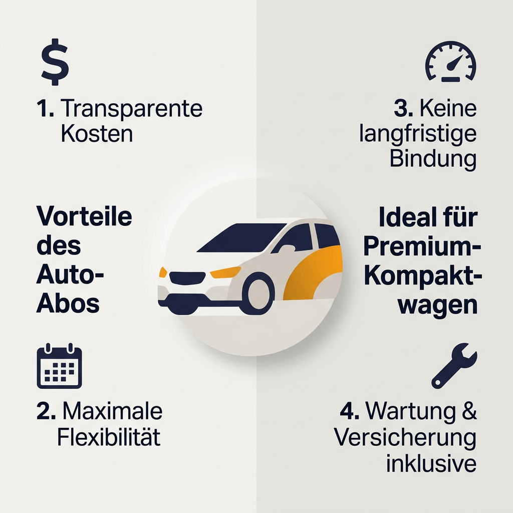 Infografik: Vorteile eines Autoabos für Premium-Kompaktwagen wie BMW 1er und Mercedes A-Klasse, mit Punkten wie transparente Kosten, Flexibilität, keine Bindung, Wartung inklusive.