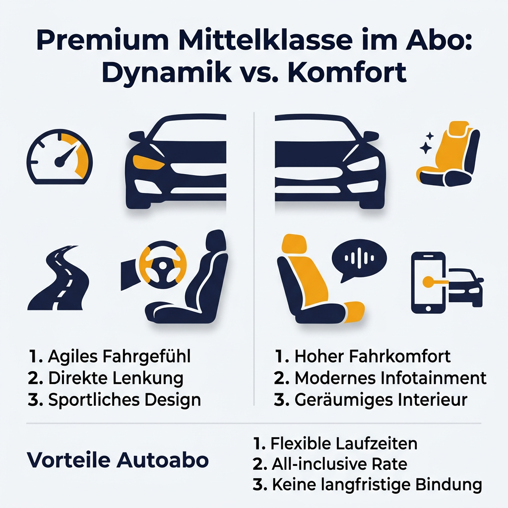 Premium Mittelklasse im Abo: Dynamik vs. Komfort Infografik über die Vorteile der Premium-Mittelklasse im Autoabo, Vergleich von Dynamik und Komfort für Modelle wie BMW 1er und Mercedes A-Klasse.