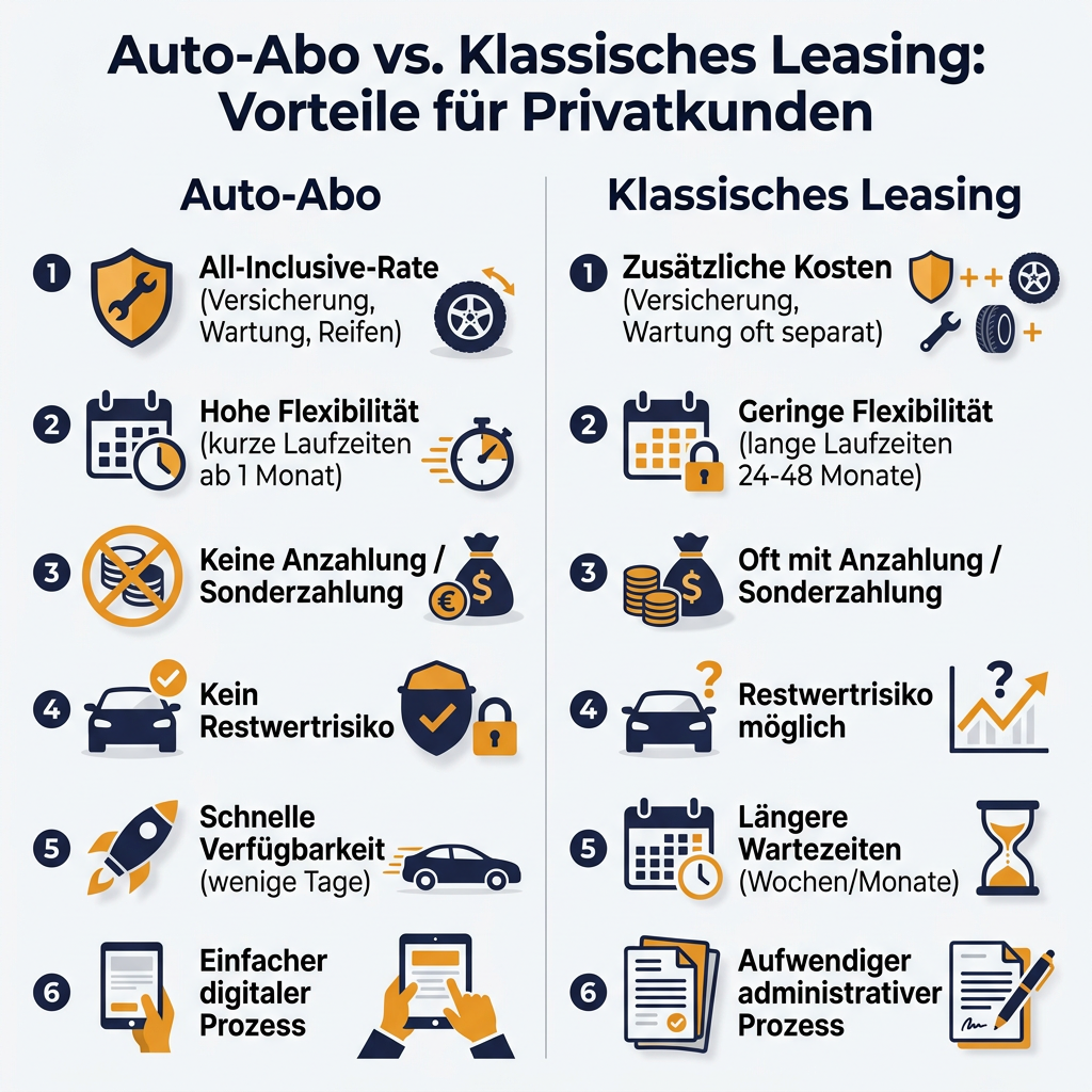 Vergleich Auto-Abo vs. Klassisches Leasing für Privatkunden Infografik Vergleich: Auto-Abo (Sixt+) und klassisches Leasing für Privatkunden – Vorteile bei Flexibilität, Kosten und Verfügbarkeit.