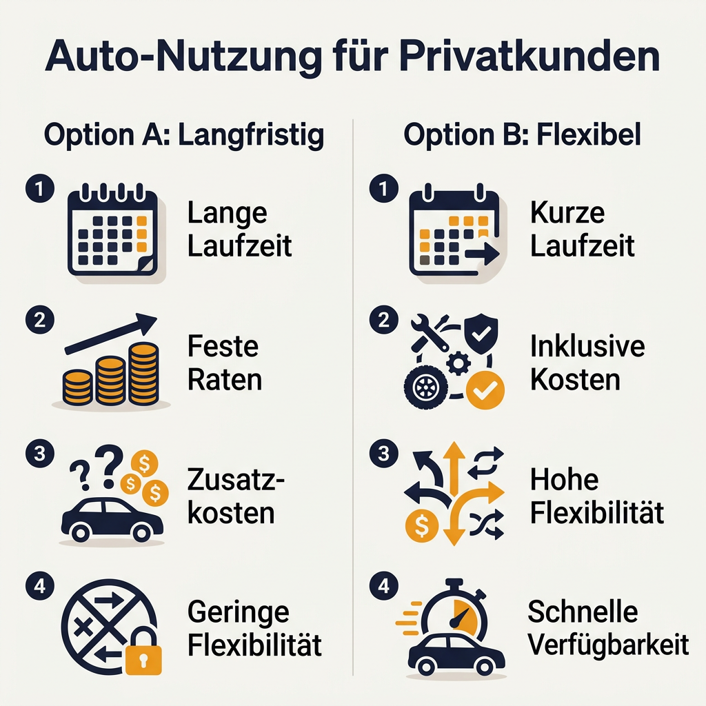 Infografik Vergleich Auto-Abo vs. klassisches Leasing für Privatkunden, zeigt Unterschiede in Laufzeit, Kosten und Flexibilität