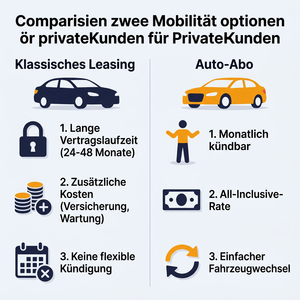 Infografik Vergleich: Sixt+ Auto-Abo versus klassisches Leasing für Privatkunden mit Fokus auf Vertragslaufzeit, Kosten und Flexibilität.