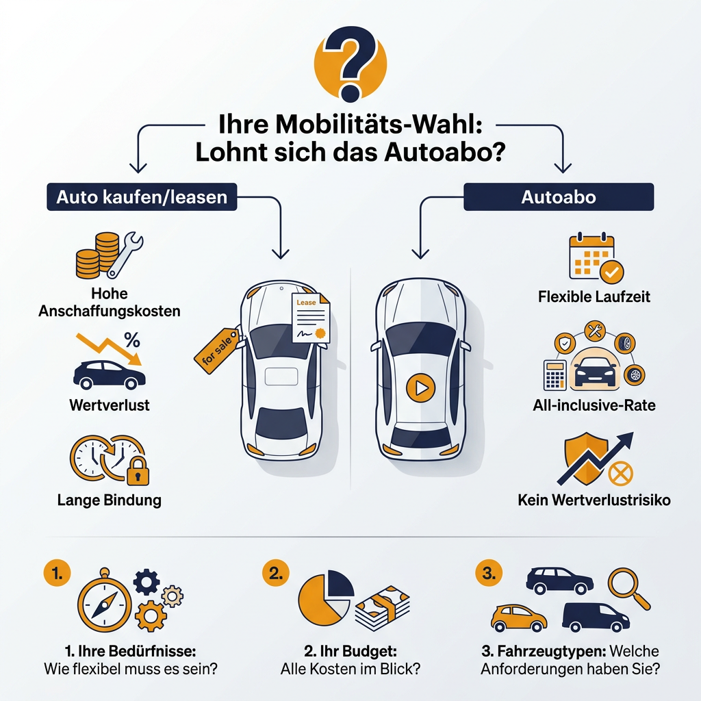 Infografik zum Vergleich von Autoabo, Kauf und Leasing und der Frage, wann ein Autoabo die richtige Wahl ist