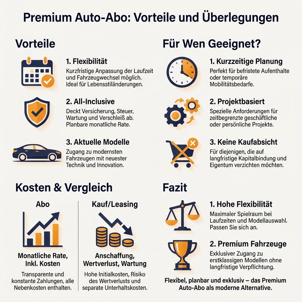 Infografik: Die Vorteile und Überlegungen eines Premium-Autoabos, inklusive Flexibilität, All-Inclusive-Paketen und Eignung für projektbasierte oder kurzzeitige Nutzung.