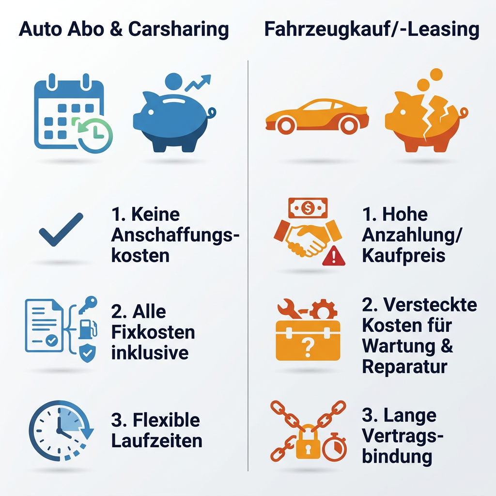 Infografik Vergleich Auto Abo, Carsharing und Fahrzeugkauf/Leasing im Premium-Segment, Kosten und Flexibilität