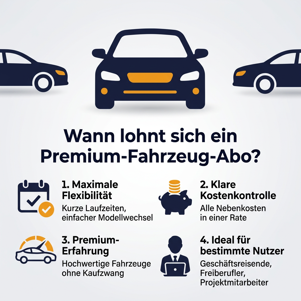 Infografik: Wann sich ein flexibles Premium-Autoabo für Fahrzeuge wie BMW 3er oder Mercedes C-Klasse lohnt, mit Fokus auf Flexibilität, Kostenkontrolle und Premium-Erfahrung.