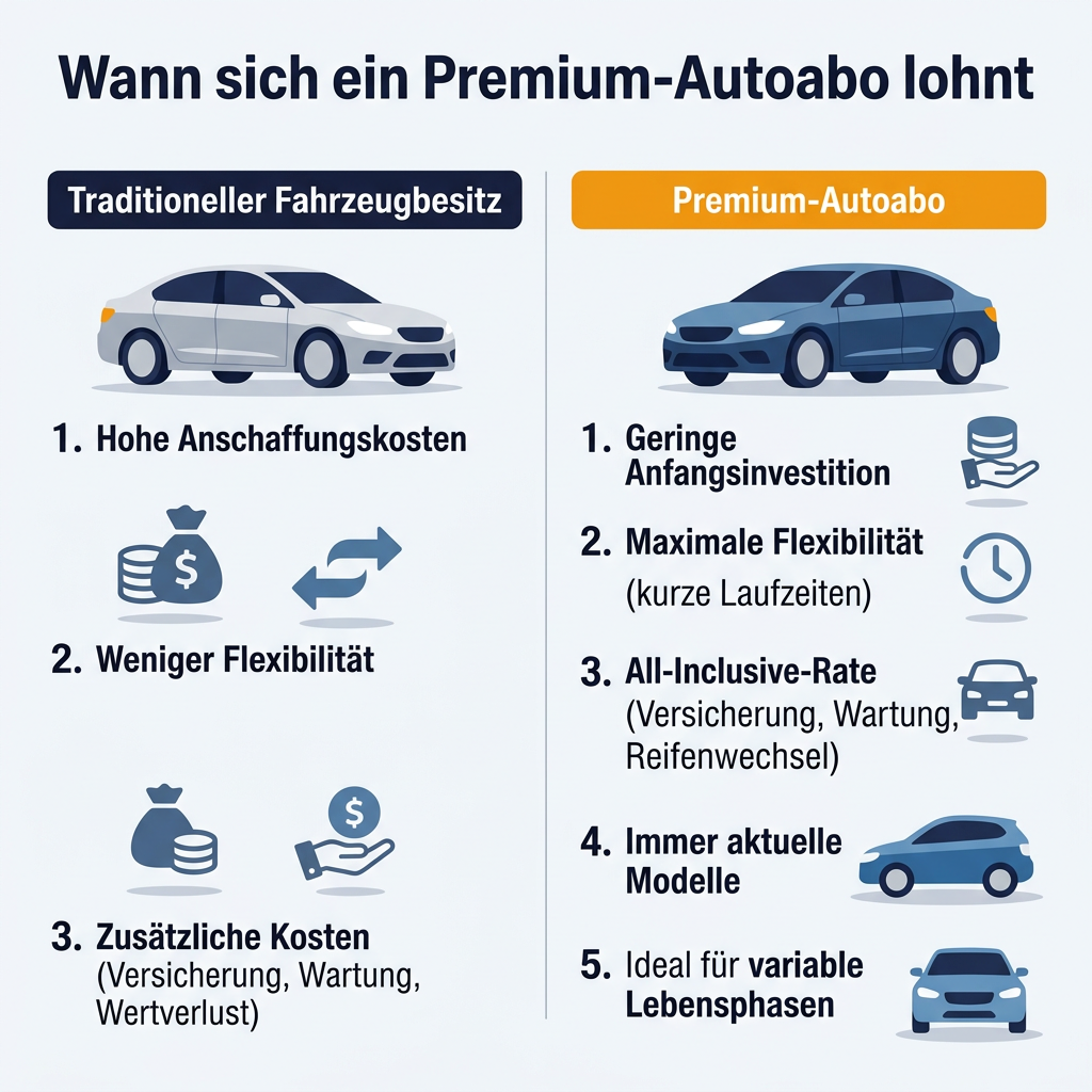 Infografik: Vergleich der Vorteile und Nachteile von traditionellem Fahrzeugbesitz gegenüber einem Premium Autoabo für flexible Mobilität und Kostenkontrolle.