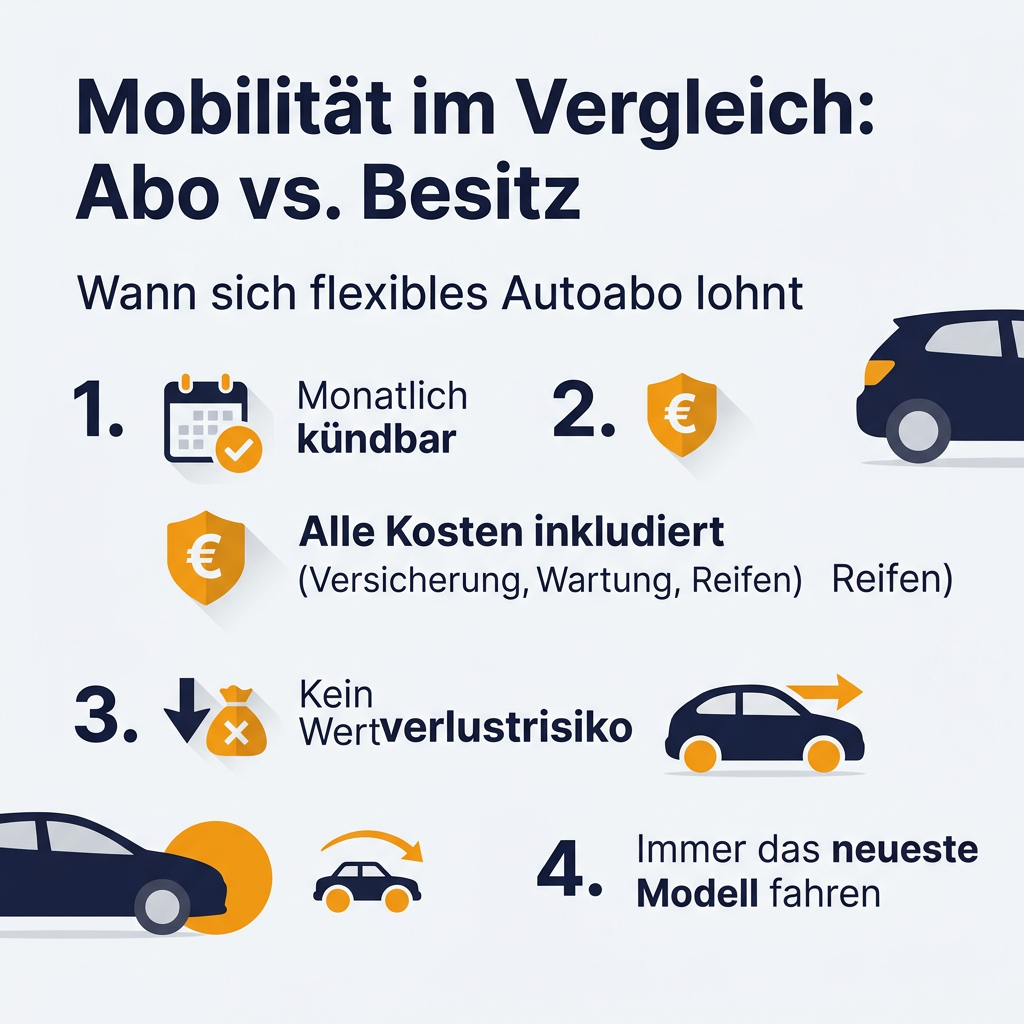 Infografik zum Vergleich von Autoabo und Fahrzeugbesitz, hervorhebend die Vorteile wie monatliche Kündbarkeit, Inklusivkosten und kein Wertverlustrisiko für Premiumfahrzeuge.