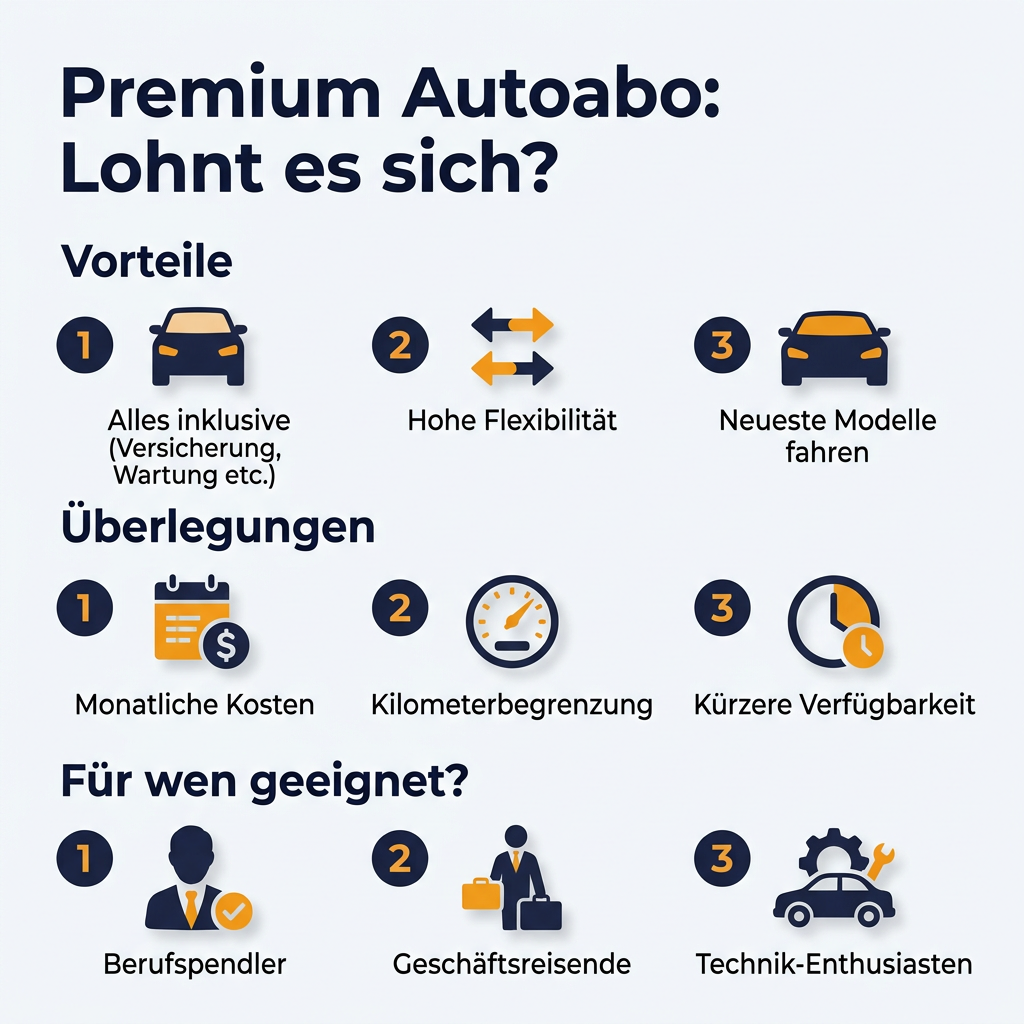 Infografik: Vorteile und Überlegungen eines Premium-Autoabos, wie Sixt+ Premium für BMW 3er oder Mercedes C-Klasse, mit Punkten zu Kosten, Flexibilität und Zielgruppen.