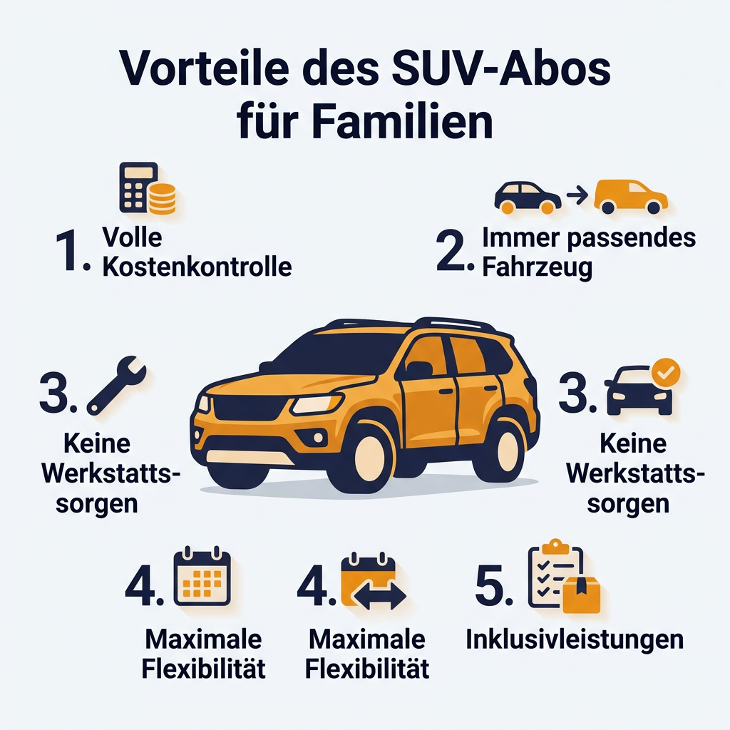 Infografik zu den Vorteilen eines SUV-Autoabos für Familien, zeigt Flexibilität, Kostenkontrolle und Inklusivleistungen.