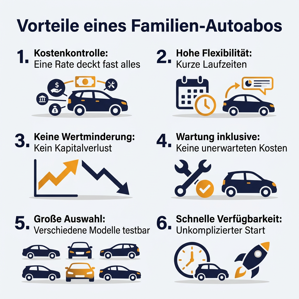 Vorteile eines Familien-Autoabos Infografik: Die Vorteile eines Familien-Autoabos wie dem Sixt+ SUV Abo, das Kostenkontrolle, Flexibilität und Wartung einschließt.