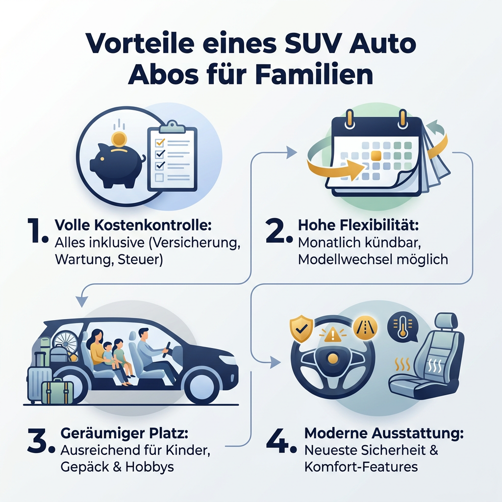 Infografik: Vorteile eines Sixt+ SUV Auto Abos für Familien, inklusive Kostenkontrolle, Flexibilität und geräumigem Platzangebot.