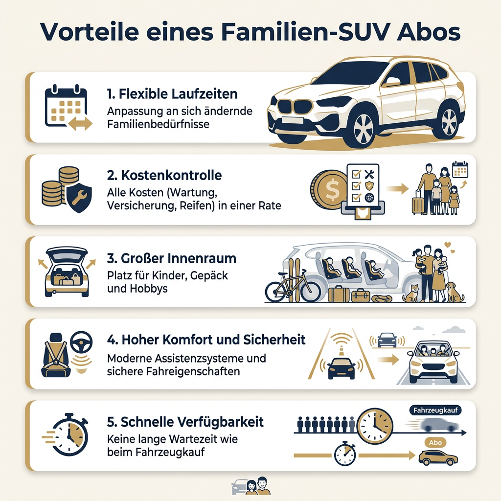 Infografik: Vorteile eines Auto-Abonnements für Familien-SUVs, mit Fokus auf Flexibilität, Kostenkontrolle, Innenraum, Komfort und Verfügbarkeit.