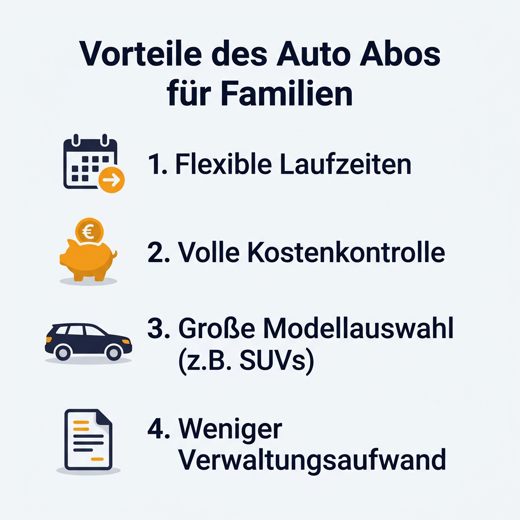 Infografik: Vorteile eines Auto Abos für Familien, speziell für SUVs, mit Fokus auf flexible Laufzeiten, Kostenkontrolle, große Modellauswahl und geringen Verwaltungsaufwand.