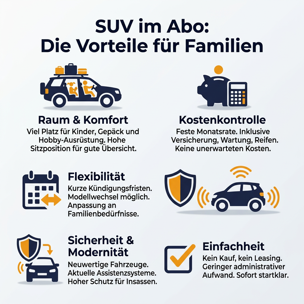 Vorteile eines SUV Auto Abos für Familien Infografik über die Vorteile eines SUV Auto Abos für Familien, zeigt Aspekte wie Raum, Kostenkontrolle, Flexibilität, Sicherheit und Einfachheit.