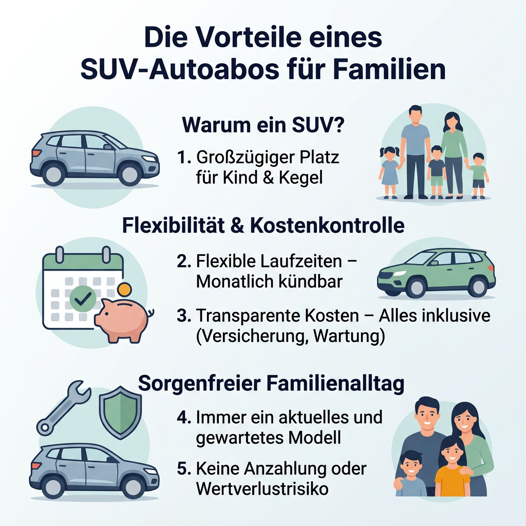 Infografik: Die Vorteile eines SUV-Autoabos für Familien, zeigt die Flexibilität, Kostenkontrolle und den geräumigen Platz der SUV-Autoabos.