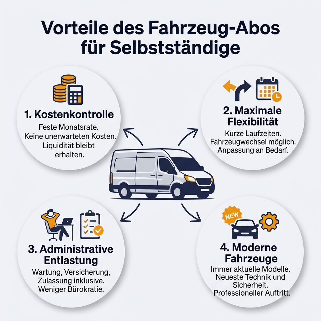 Infografik: Vorteile eines Fahrzeug-Abos für Selbstständige mit Fokus auf Kostenkontrolle, Flexibilität, administrative Entlastung und moderne Fahrzeuge wie Transporter oder Kombi im Abo.