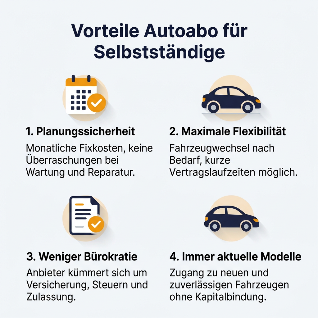 Infografik: Vorteile eines Autoabos für Selbstständige, inklusive Planungssicherheit, Flexibilität, weniger Bürokratie und stets aktuelle Fahrzeuge.