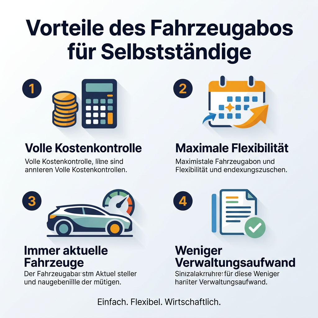Infografik: Vorteile des Fahrzeugabos für Selbstständige – Kostenkontrolle, Flexibilität, aktuelle Fahrzeuge, geringer Verwaltungsaufwand für Transporter und Kombi