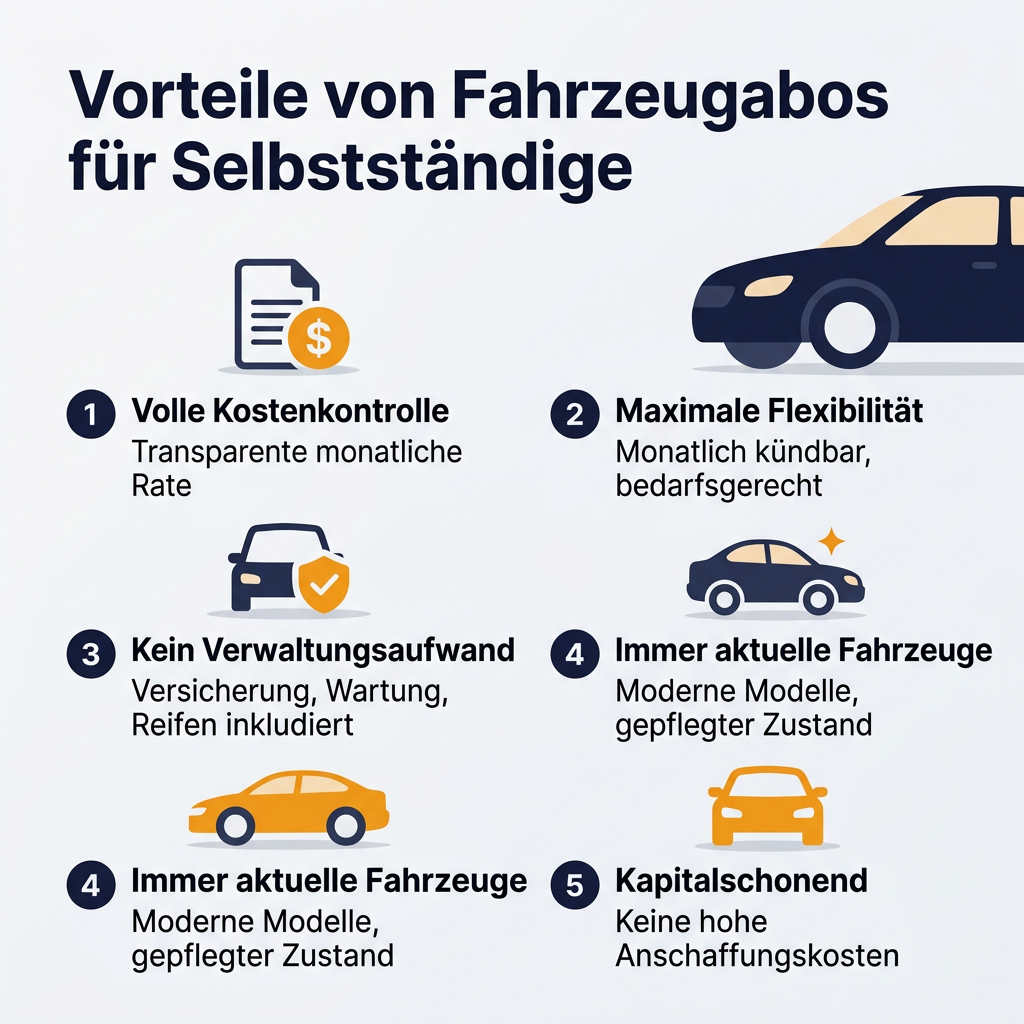 Infografik: Vorteile von Transporter und Kombi Autoabos für Selbstständige mit Fokus auf Kostenkontrolle, Flexibilität und Zeitersparnis.