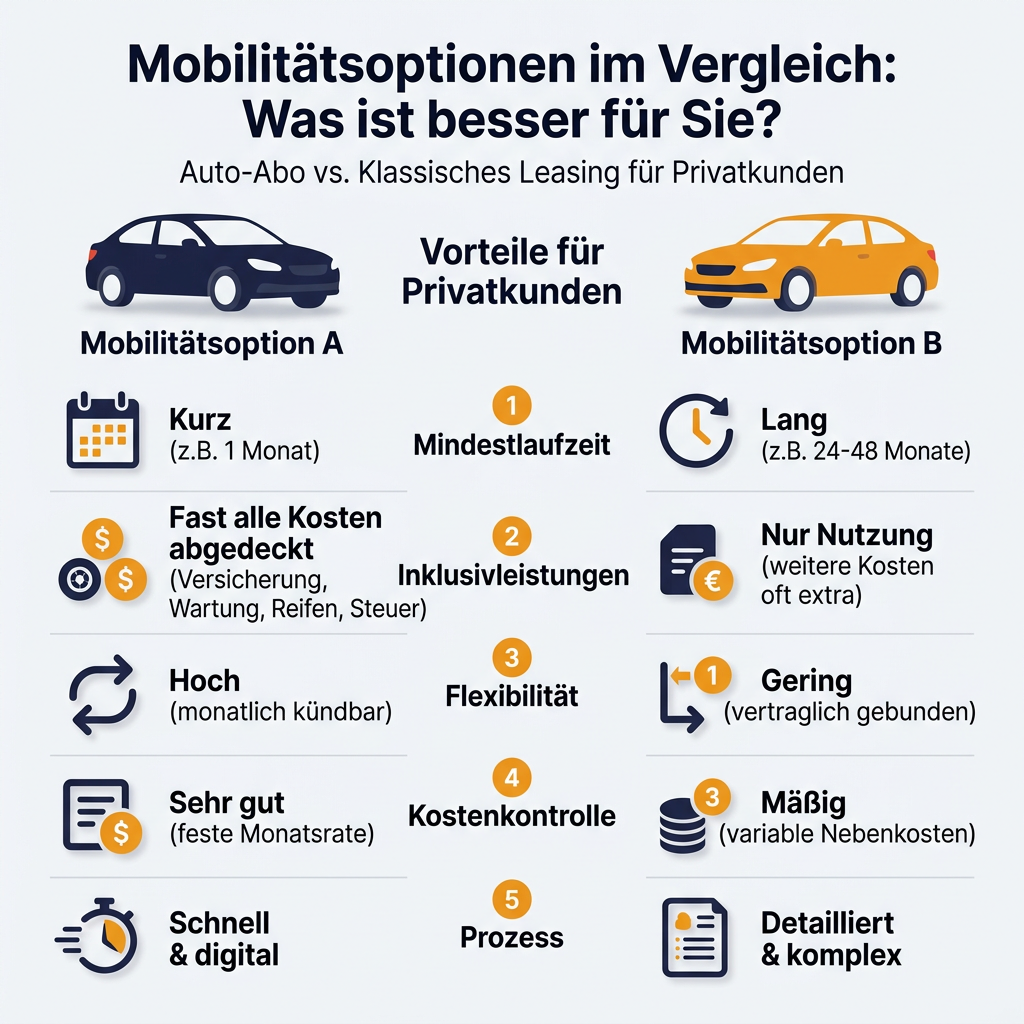 Infografik: Auto-Abo vs. Leasing - Vor- und Nachteile für Privatkunden Infografik Vergleich Auto-Abo und Leasing für Privatkunden, mit Vorteilen wie Flexibilität, Inklusivleistungen und Kostenkontrolle.