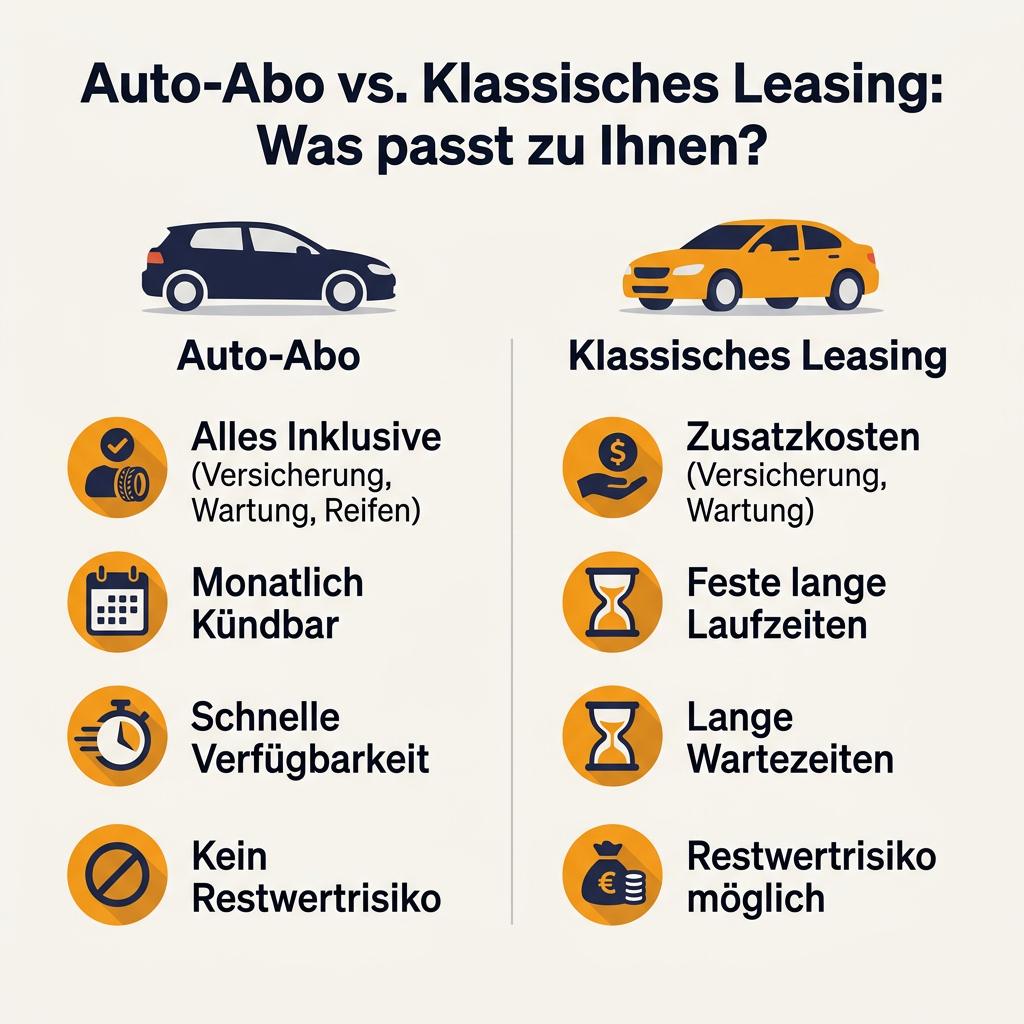 Infografik Vergleich Autoabo und klassisches Leasing für Privatkunden mit Vorteilen wie Flexibilität, All-Inclusive-Leistungen, schneller Verfügbarkeit und keinem Restwertrisiko beim Autoabo.