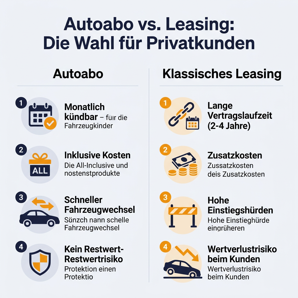 Infografik Vergleich Autoabo und Leasing für Privatkunden. Zeigt die Vorteile des Autoabos wie monatliche Kündbarkeit, Inklusivkosten und schnelle Fahrzeugwechsel gegenüber langen Laufzeiten und Zusatzkosten beim Leasing.