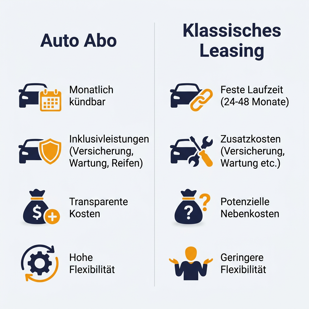 Infografik zum Vergleich von Auto Abo und klassischem Leasing für Privatkunden, mit Hinweisen zu Flexibilität, Inklusivleistungen und Kosten.