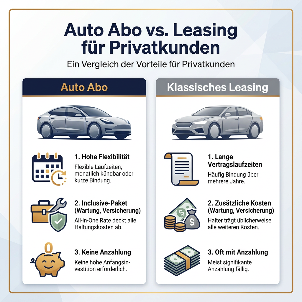 Infografik zum Vergleich von Autoabo und Leasing für Privatkunden, Vorteile von Auto Abo (Flexibilität, Inklusiv-Paket, keine Anzahlung) und Nachteile von Leasing (lange Laufzeiten, zusätzliche Kosten, oft Anzahlung).