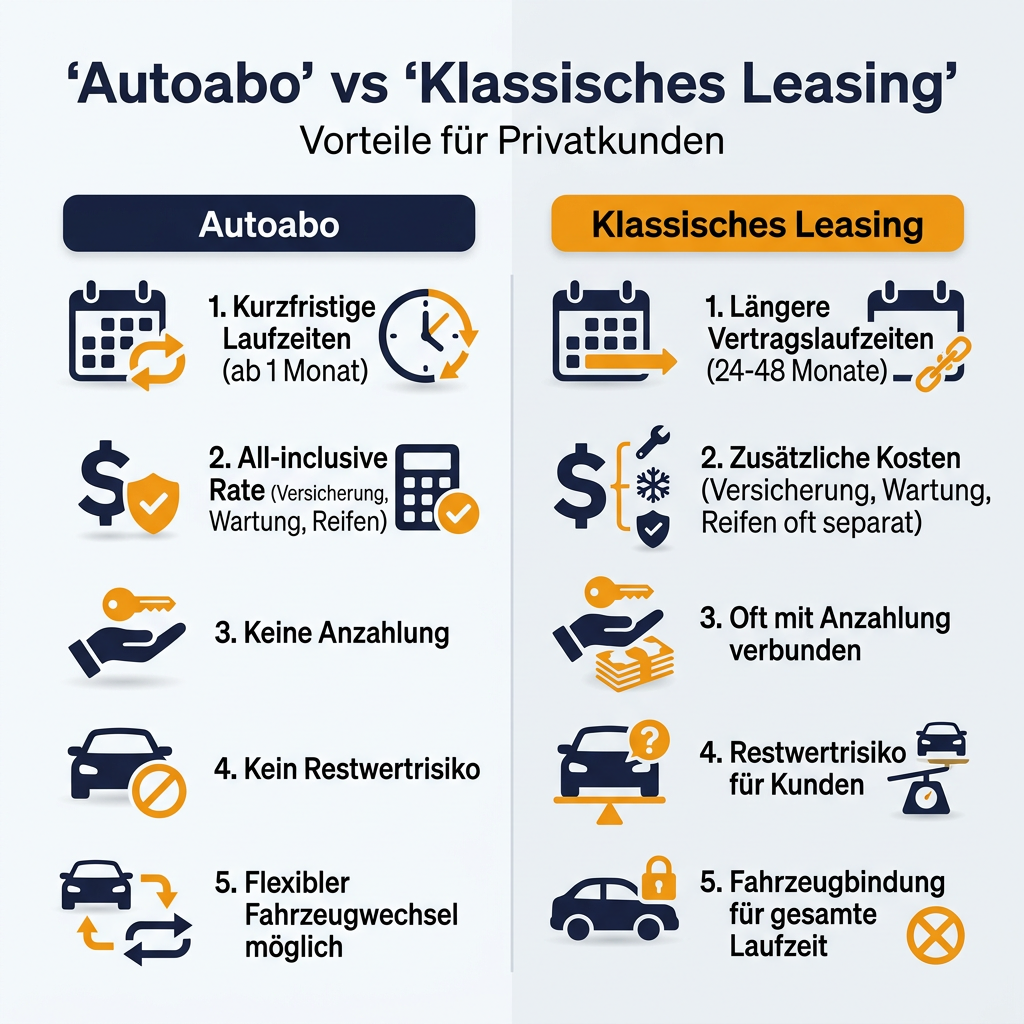 Autoabo vs. Leasing: Ein Vergleich für Privatkunden Infografik Vergleich Autoabo und Klassisches Leasing für Privatkunden. Sie zeigt Vorteile wie kurze Laufzeiten, All-inclusive-Raten und kein Restwertrisiko beim Autoabo gegenüber längeren Laufzeiten und zusätzlichen Kosten beim Leasing.