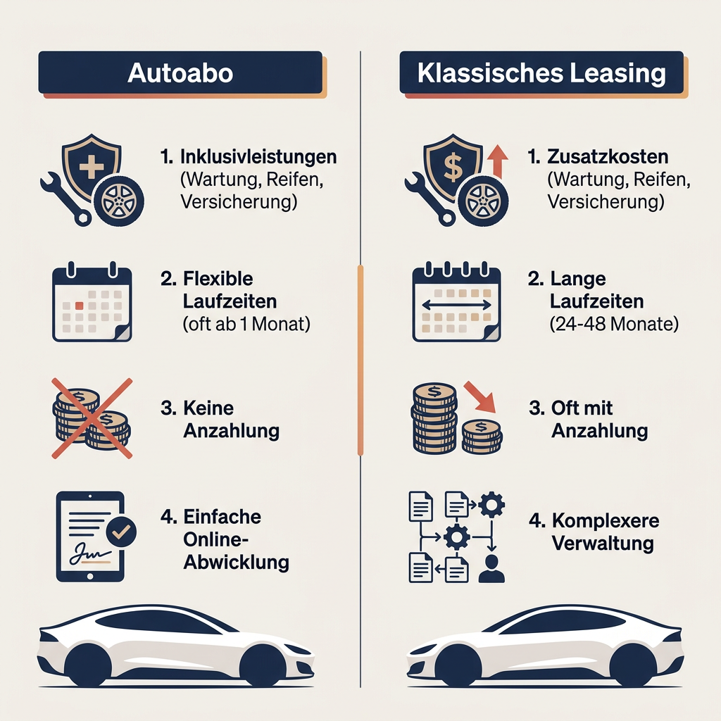 Infografik Vergleich Autoabo und klassisches Leasing für Privatkunden: Vorteile von Flexibilität, Inklusivleistungen und Kostenstruktur.