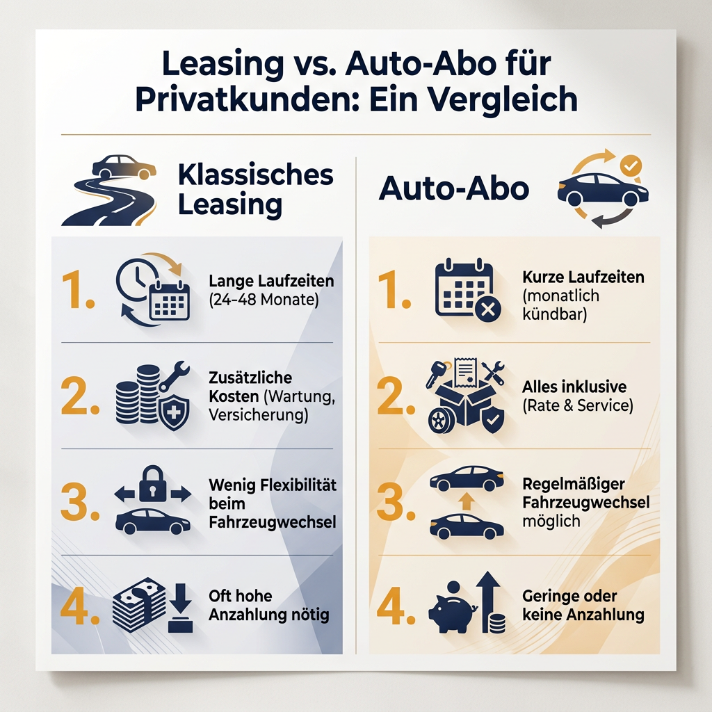 Infografik Vergleich Klassisches Leasing versus Auto Abo für Privatkunden mit Vorteilen und Nachteilen beider Mobilitätsformen, beleuchtet Flexibilität, Kosten, Laufzeiten und Fahrzeugwechsel.