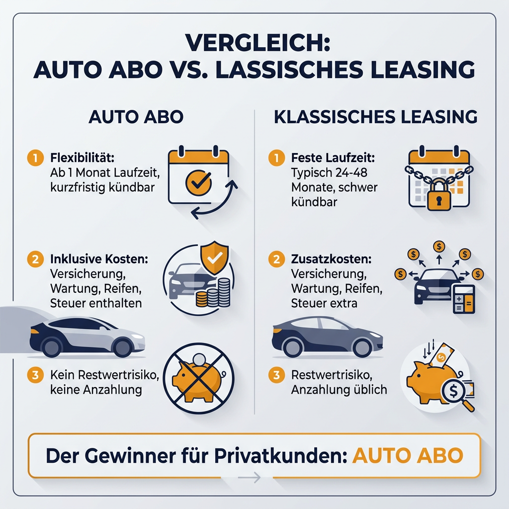 Vergleich: Sixt+ Auto Abo vs. Klassisches Leasing für Privatkunden Infografik Vergleich Autoabo und klassisches Leasing für Privatkunden, zeigt Vorteile von Flexibilität, All-inclusive-Kosten und kein Restwertrisiko beim Autoabo.
