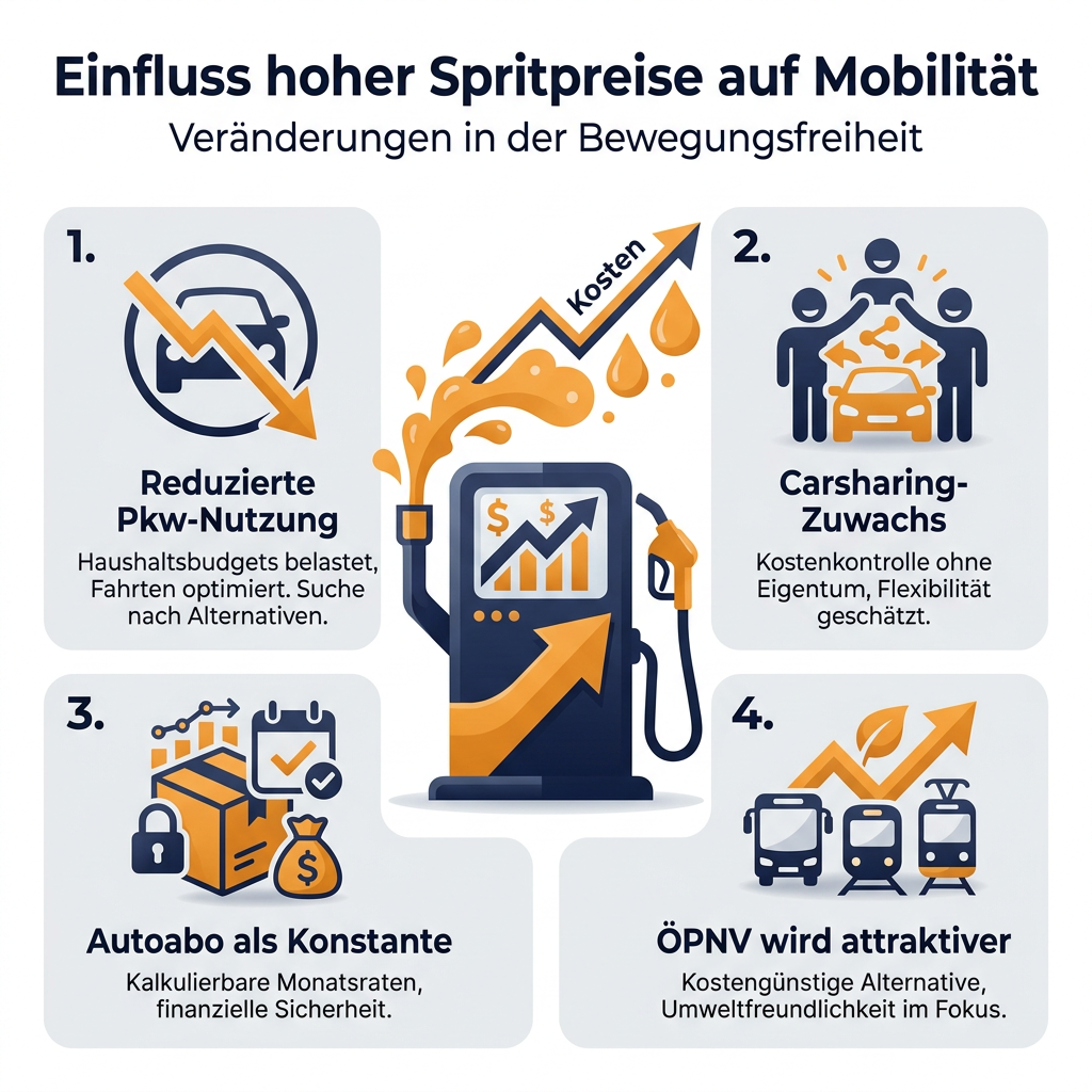 Infografik: Einfluss hoher Spritpreise auf Mobilitätsentscheidungen mit Fokus auf Autoabo und Carsharing