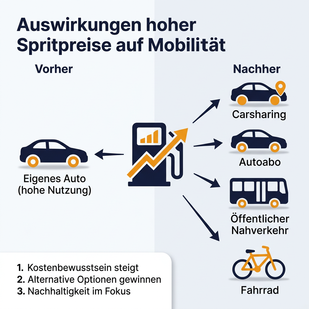 Infografik zu den Auswirkungen hoher Spritpreise auf Mobilitätsentscheidungen, zeigt Wechsel zu Carsharing, Autoabo, ÖPNV und Fahrrad