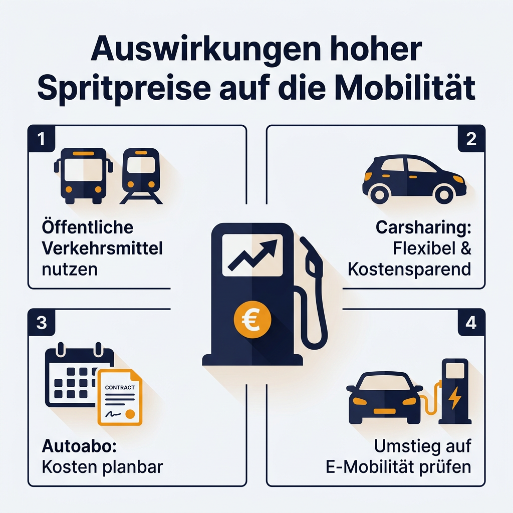 Infografik zum Einfluss hoher Spritpreise auf die Mobilitätsentscheidungen, mit Optionen wie ÖPNV, Carsharing, Autoabo und E-Mobilität