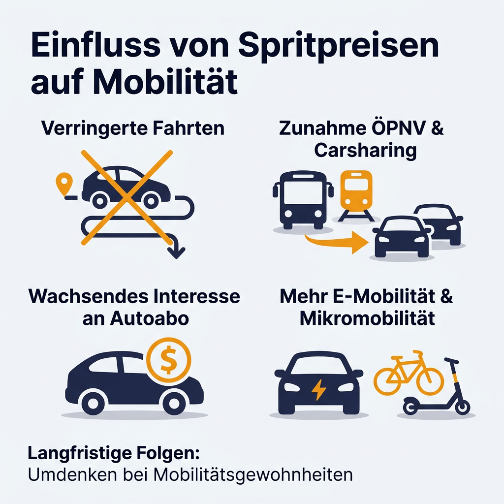 Infografik: Spritpreise und ihre Auswirkungen auf die Mobilität Infografik: Einfluss hoher Spritpreise auf Mobilitätsentscheidungen, inklusive Verringerung von Fahrten, Zunahme von ÖPNV und Carsharing, wachsendes Interesse an Autoabo sowie mehr E-Mobilität und Mikromobilität.