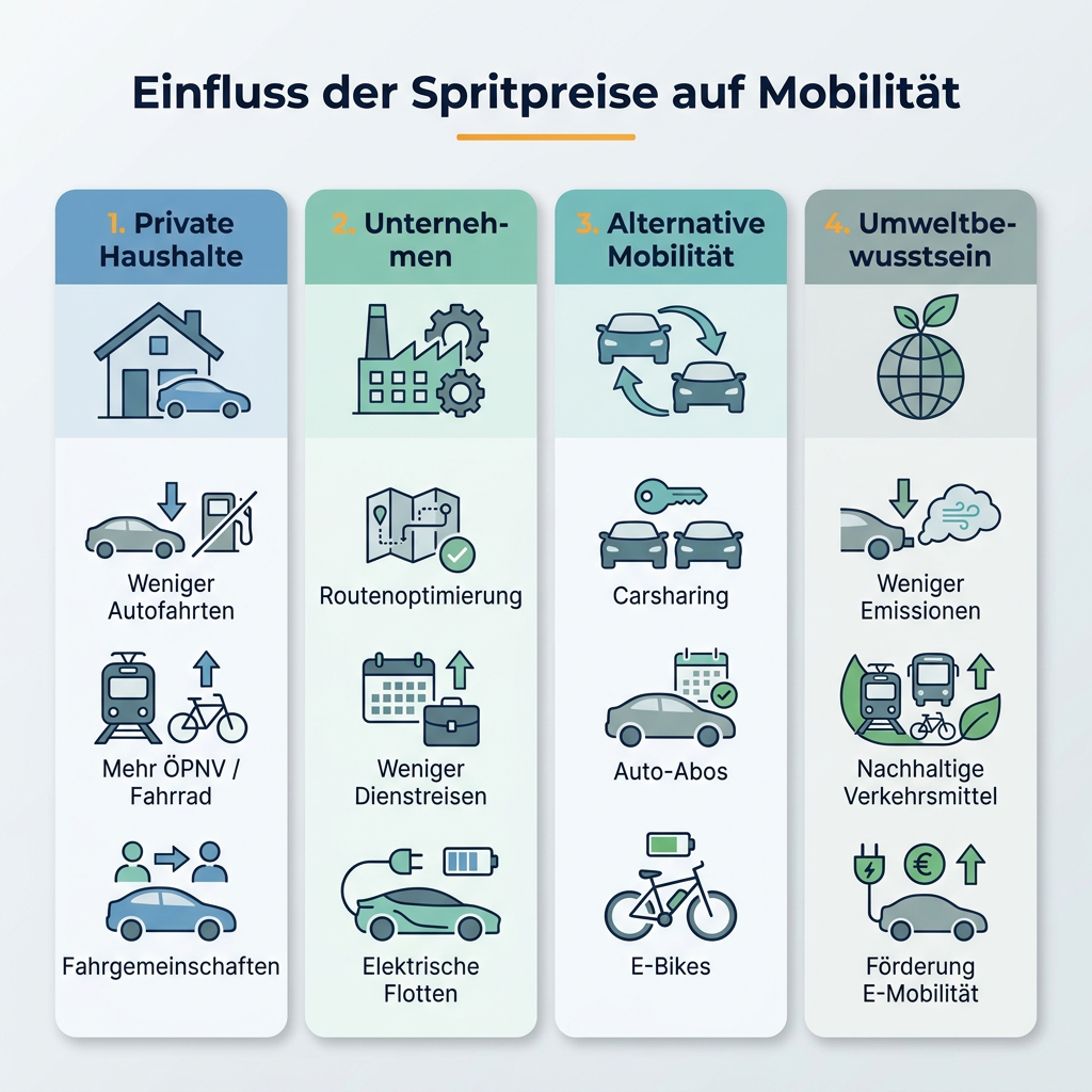 Infografik: Spritpreise und ihre Auswirkungen auf die Mobilität Infografik: Einfluss steigender Spritpreise auf Mobilitätsentscheidungen, Alternativen und Nachhaltigkeit