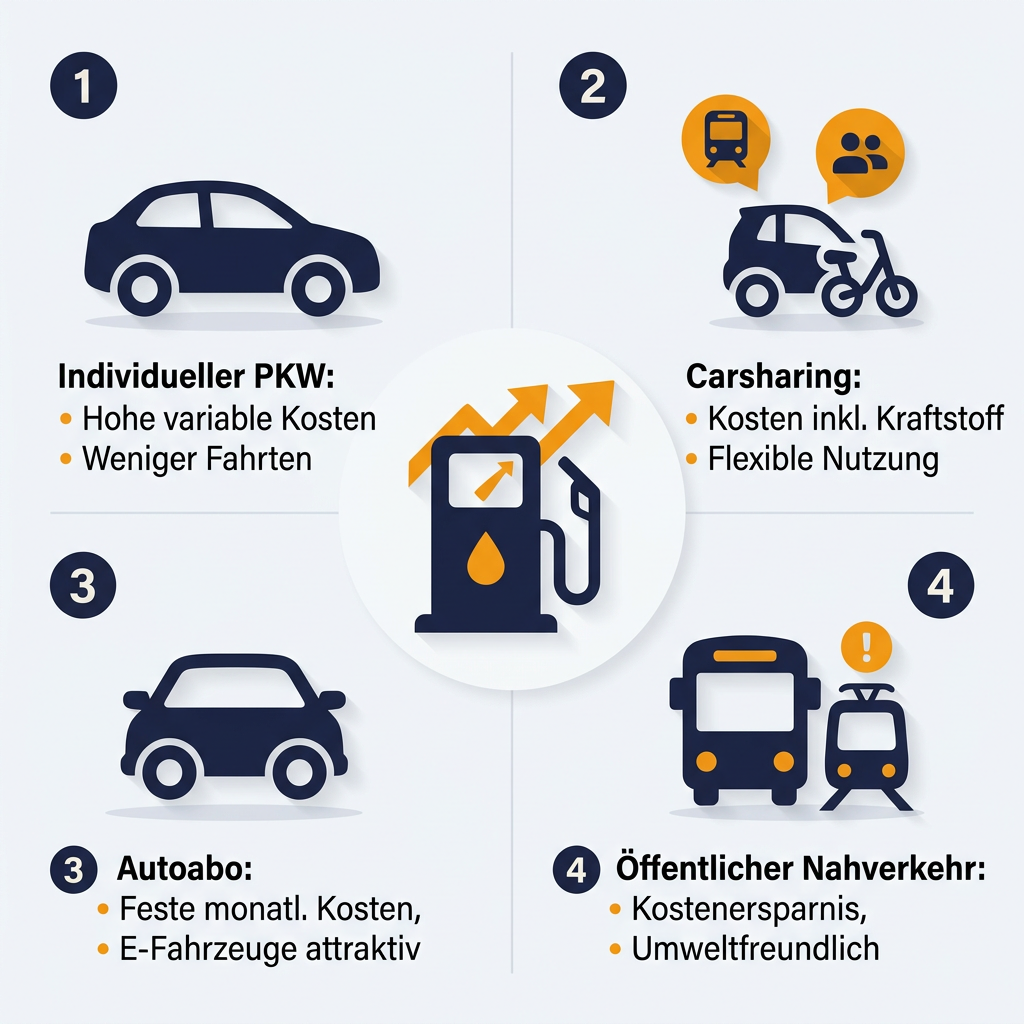 Infografik zum Einfluss hoher Spritpreise auf Mobilitätsentscheidungen, mit Optionen wie Carsharing und Autoabo.