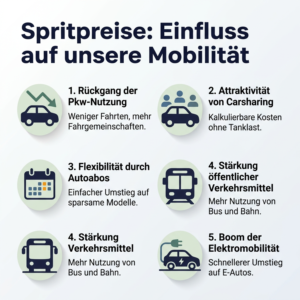 Infografik über die Auswirkungen hoher Spritpreise auf Mobilitätsentscheidungen, inklusive Carsharing, Autoabo und Elektromobilität.