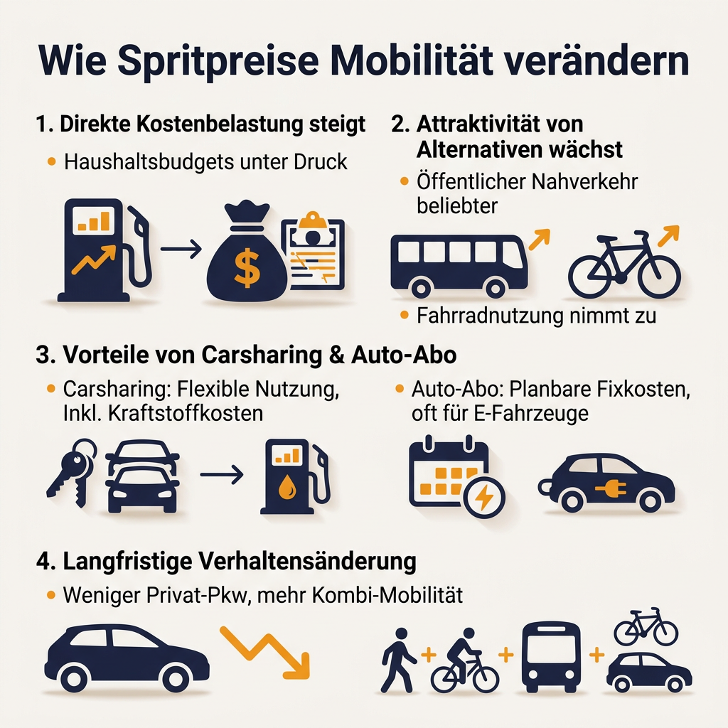 Spritpreise und Mobilität: Eine Infografik zu Verhaltensänderungen Infografik: Wie Spritpreise Mobilitätsentscheidungen beeinflussen, mit Darstellungen von steigenden Kosten, öffentlichem Nahverkehr, Carsharing und Auto Abos.