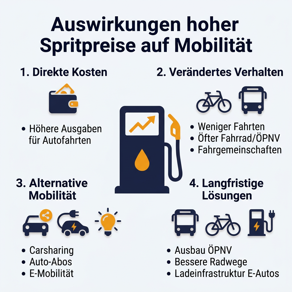 Auswirkungen hoher Spritpreise auf Mobilität – Infografik Infografik über die Auswirkungen hoher Spritpreise auf Mobilitätsentscheidungen, mit Stichpunkten zu Kosten, Verhaltensänderungen, Carsharing, Auto Abo und E-Mobilität.