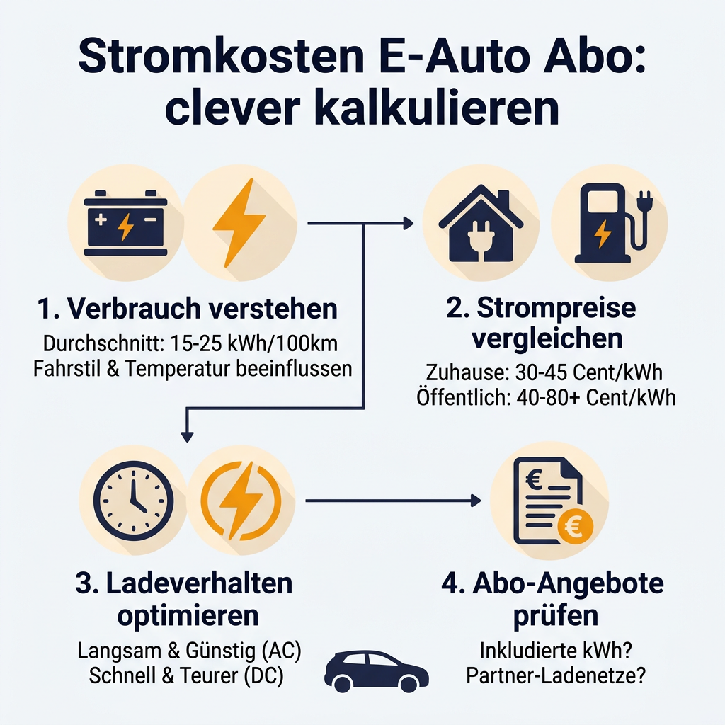 Infografik zur cleveren Kalkulation der Stromkosten im E-Auto Abo, zeigt Verbrauch, Preise, Ladeverhalten und Abo-Angebote