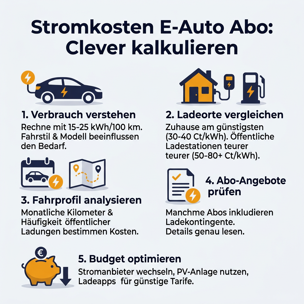 Infografik zur cleveren Kalkulation der Stromkosten für E-Auto Abos mit Tipps zu Verbrauch, Ladeorten, Fahrprofil, Abo-Angeboten und Budgetoptimierung.